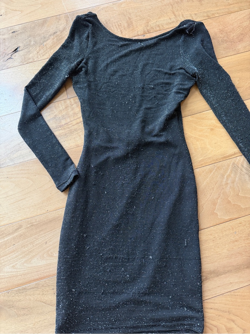 Lulu's Black Long-Sleeve Sparkle Bodycon Dress with scoop back, size XS